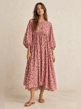 House of Sundar Pink Floral Block Print Tie Neck Midi Dress XL Boho Cottagecore